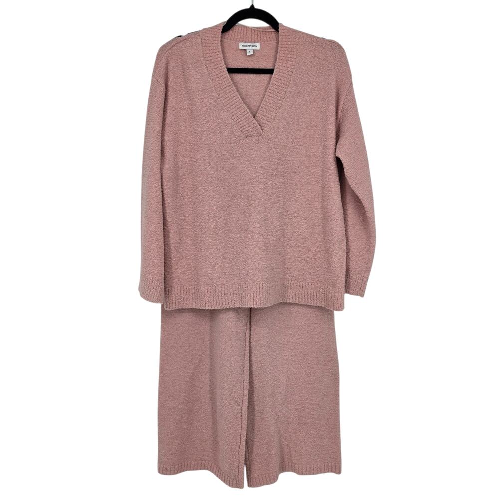 NWT Nordstrom Pink So Soft Fleece Knit V-neck Sweater & Pants Lounge Set Size S